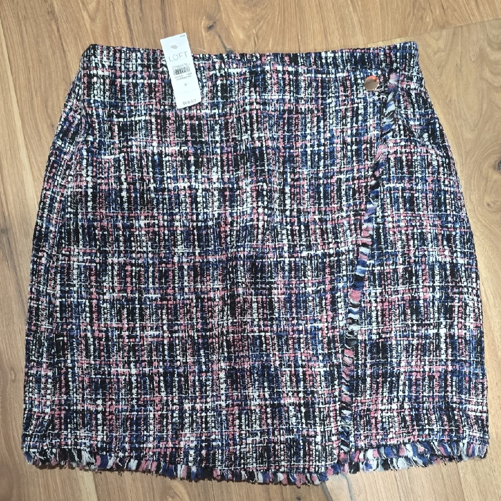 LOFT Pink & Navy Tweed Mini Skirt with Fringe Trim